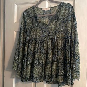 Green, yellow and blue sheer long sleeve Loft blouse.